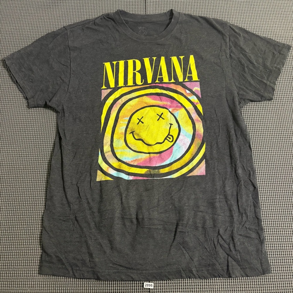 Nirvana Smiley Face Graphic T-Shirt Charcoal Gray Size Large